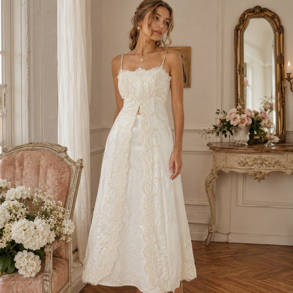 Aspeed Ivory Satin Lace Beaded Sleeveless Formal Gown Wedding Dress Size M
